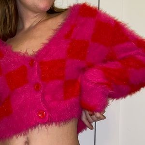 Pink and Red Fuzzy Lazy Oaf Crop Sweater Cardigan